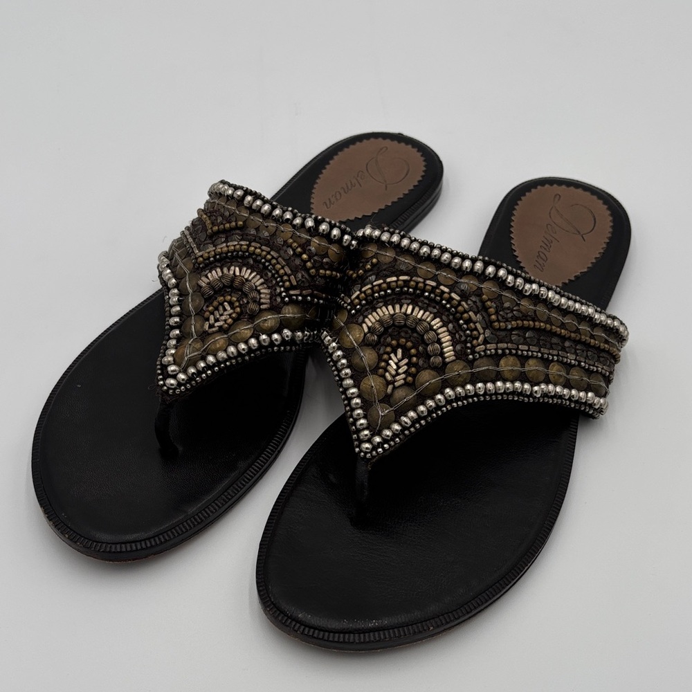 Delman Ilaria-L Bark Beaded Linen Sandals Size 11M w/ Box Elegant Boho Style